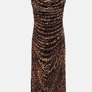 Zara Leopard Print Ruched Sweetheart Neckline Midi Dress Size XS